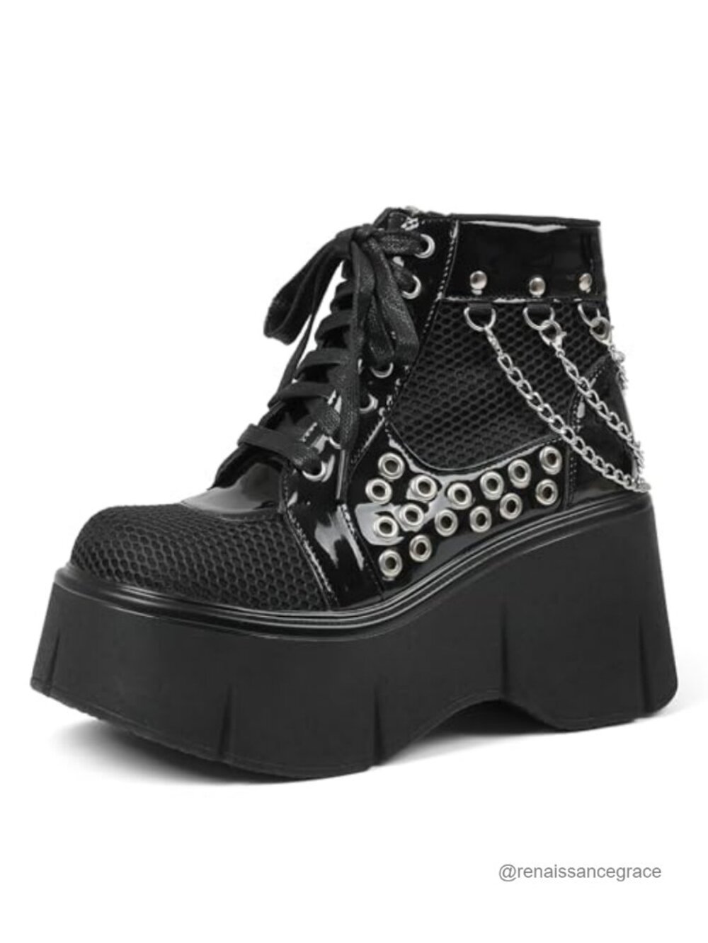 Womens Black Platform Boots Wedge Goth Round Toe Lace Up Mesh Punk Combat Ankle